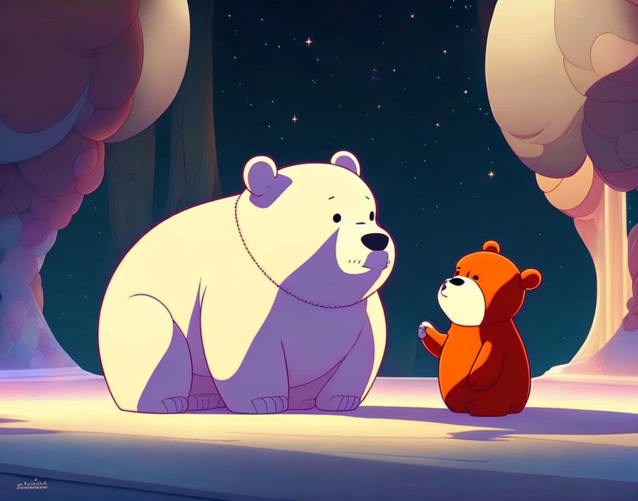 Two bears conversing in starlit forest clearing