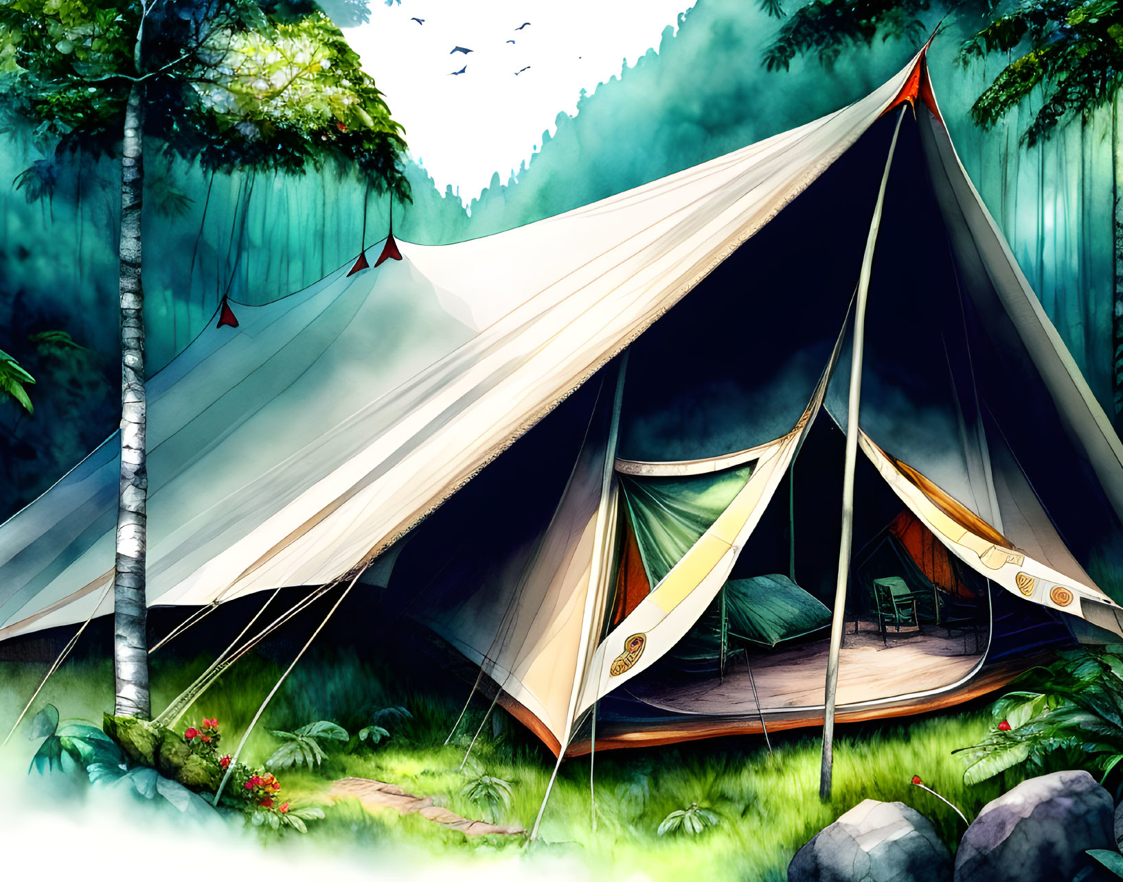 Canvas tent with cozy bed in lush forest clearing