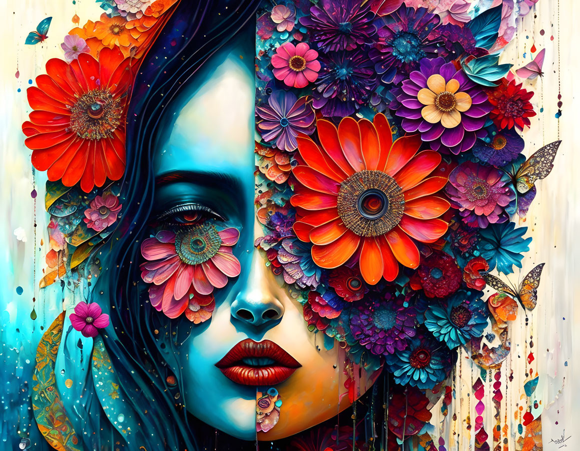 Colorful portrait merging woman's face with flowers and butterflies