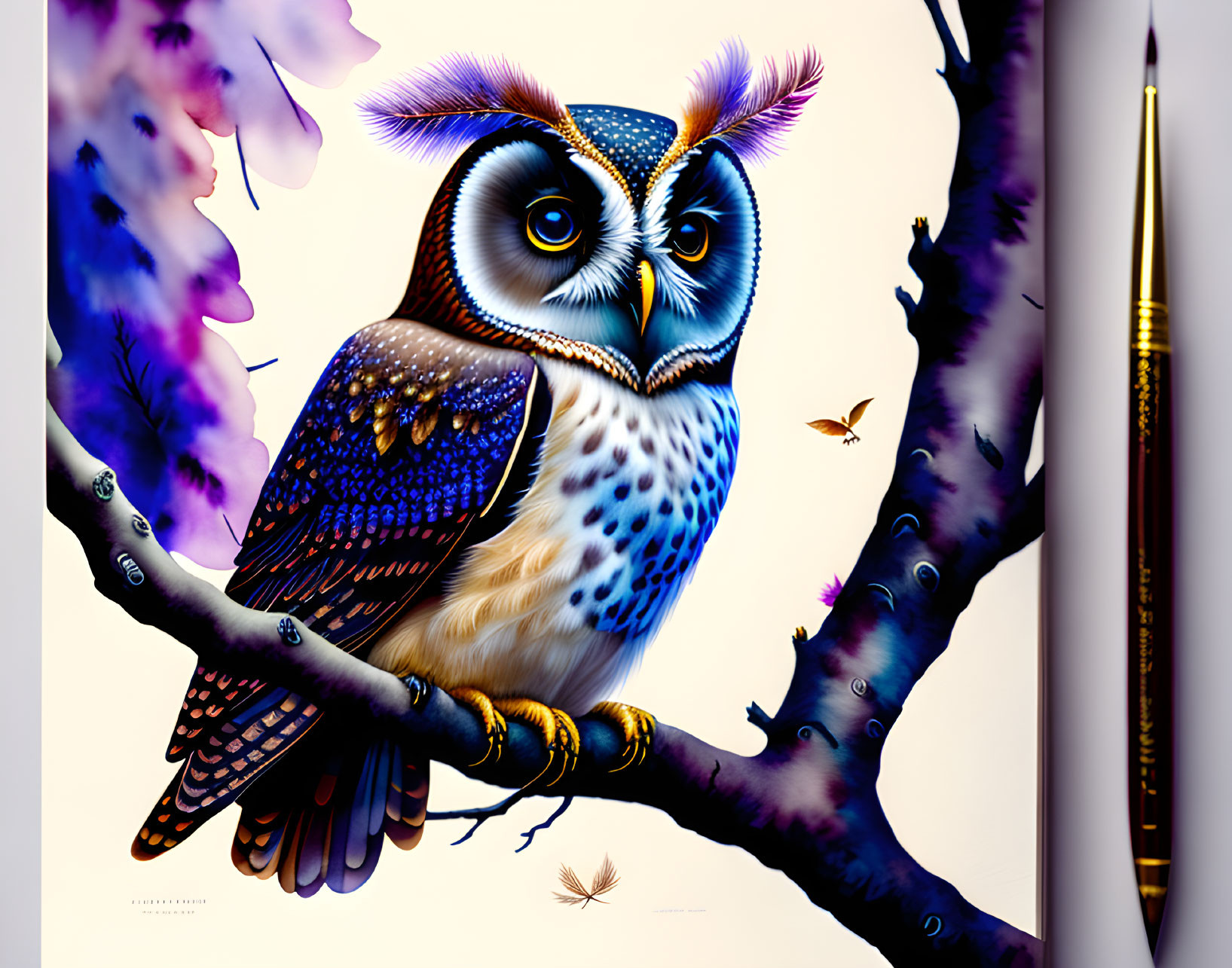 Colorful stylized owl on branch with purple flowers and butterflies, plus pen