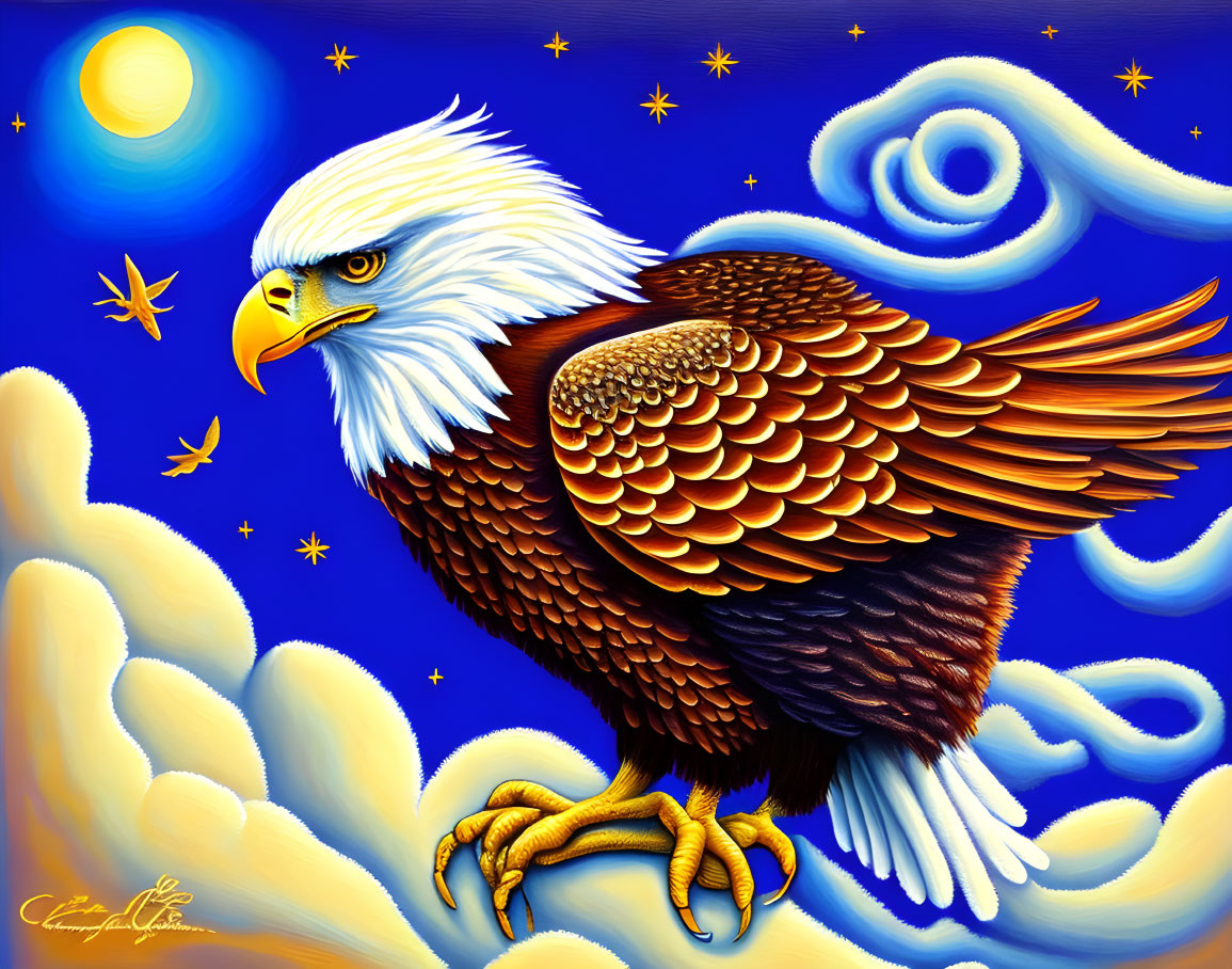 Vibrant eagle illustration perched on clouds under a starry sky