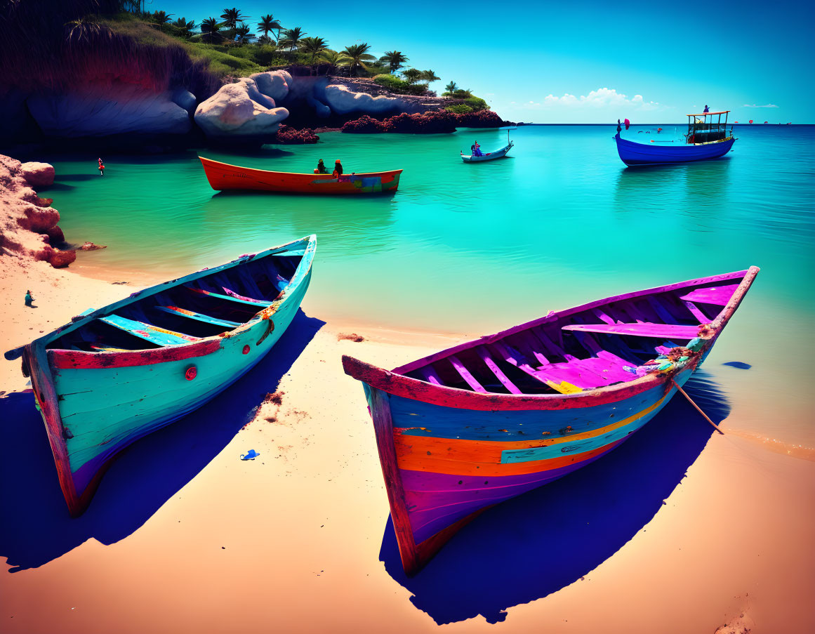 Vibrant wooden boats on tranquil beach with blue skies and turquoise waters