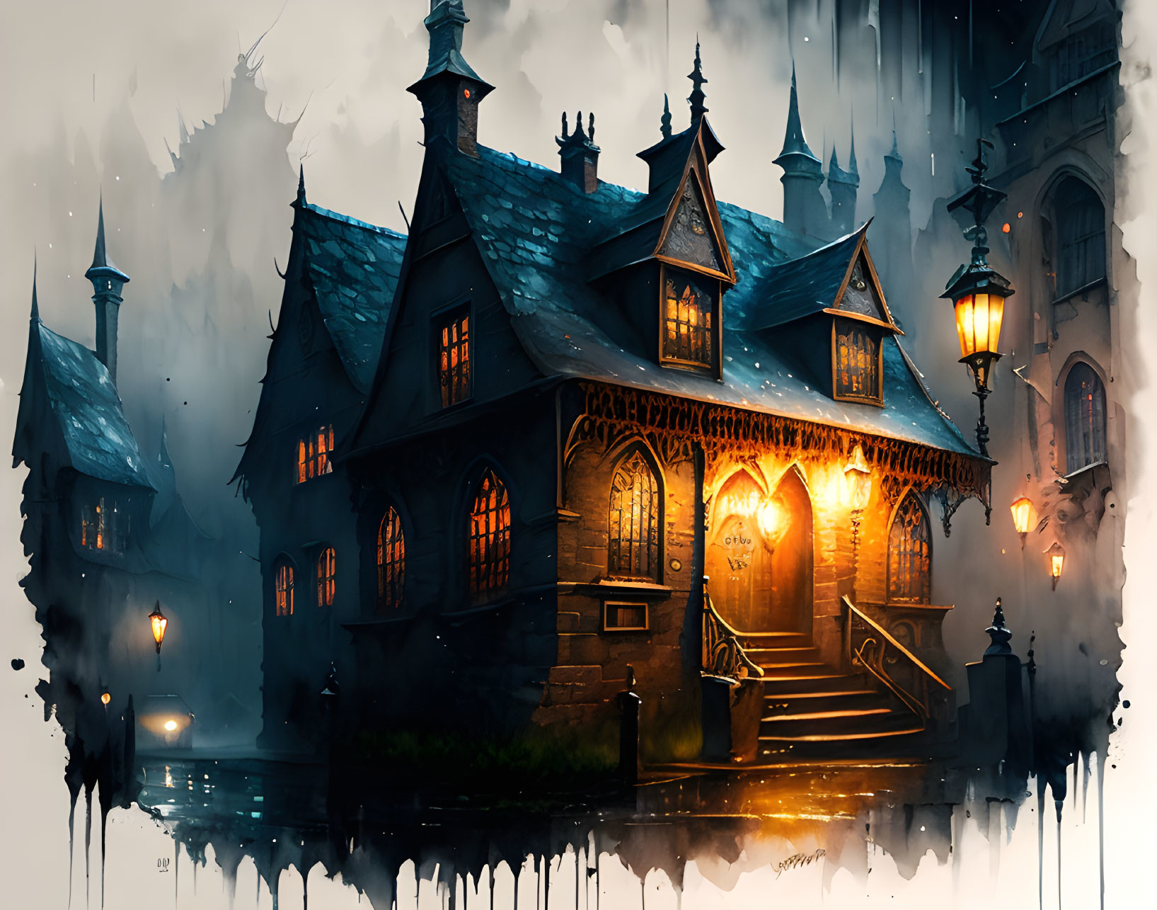 Eerie mansion with lit lanterns under gloomy sky on wet cobblestone