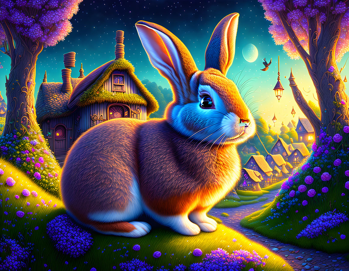 Colorful Illustration: Large Rabbit in Whimsical Forest, Cottage, Trees, Moonlit Sky