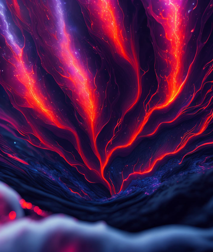 Vibrant red and purple flowing lines on dark background