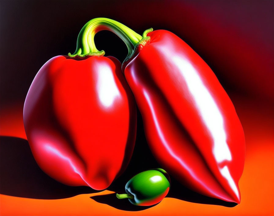 Vibrant red and green bell peppers on colorful backdrop