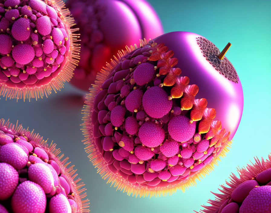 Colorful 3D Illustration of Purple Viruses on Teal Background