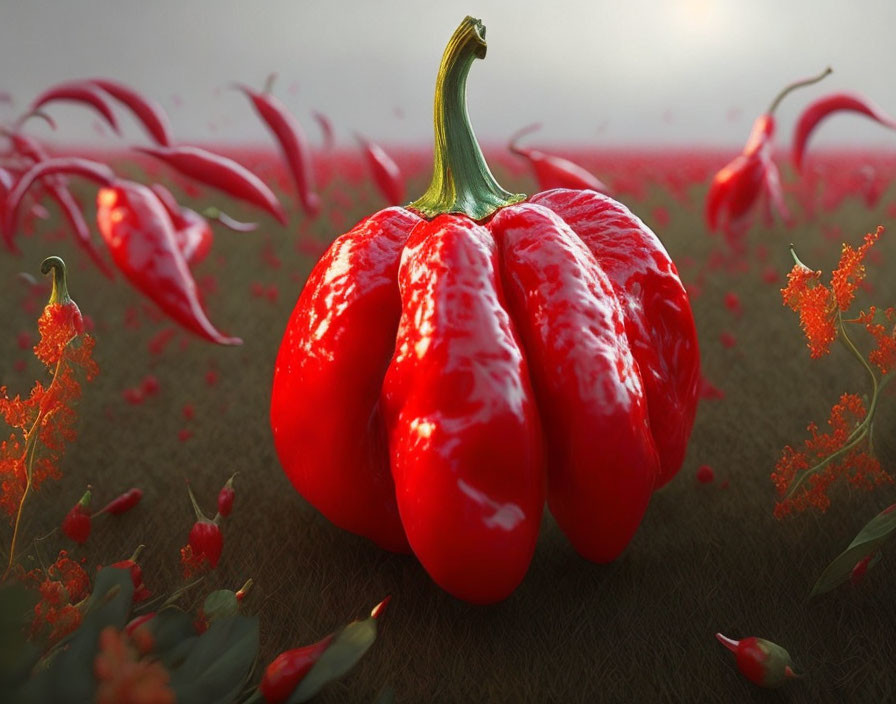 Vibrant red pepper with glossy surface and floating particles in soft backlight