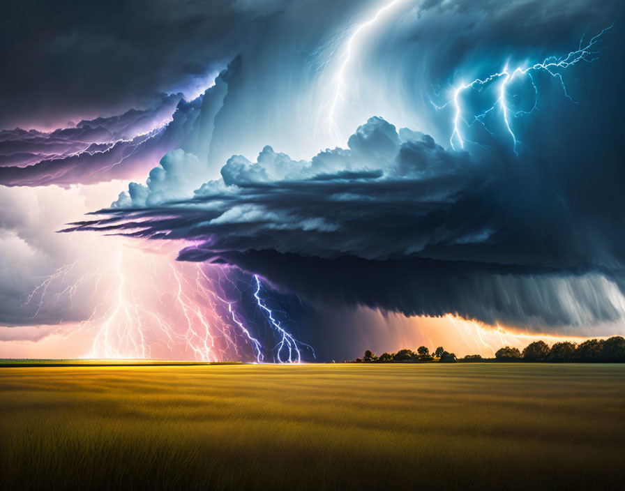 Dramatic thunderstorm with lightning strikes over golden field