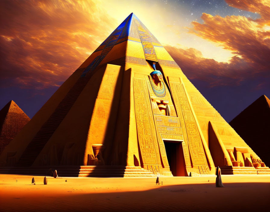 Ancient Egyptian pyramid with hieroglyphics and statues at sunset