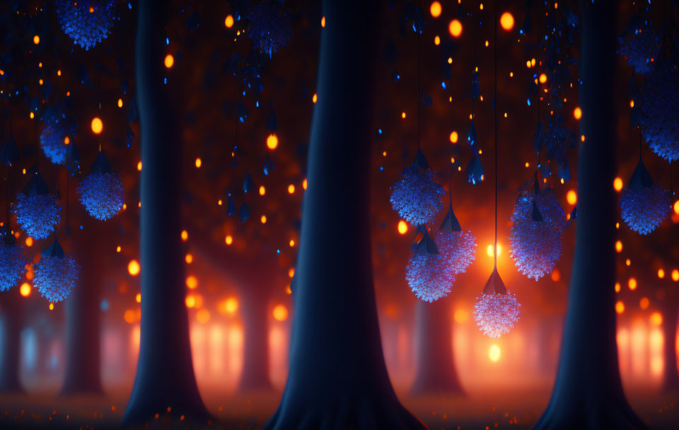 Enchanting forest scene with glowing blue orbs and golden particles