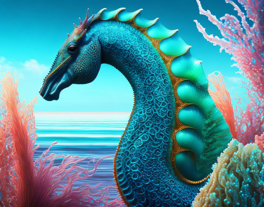 Colorful seahorse digital art with intricate crest and fins in coral reef setting.