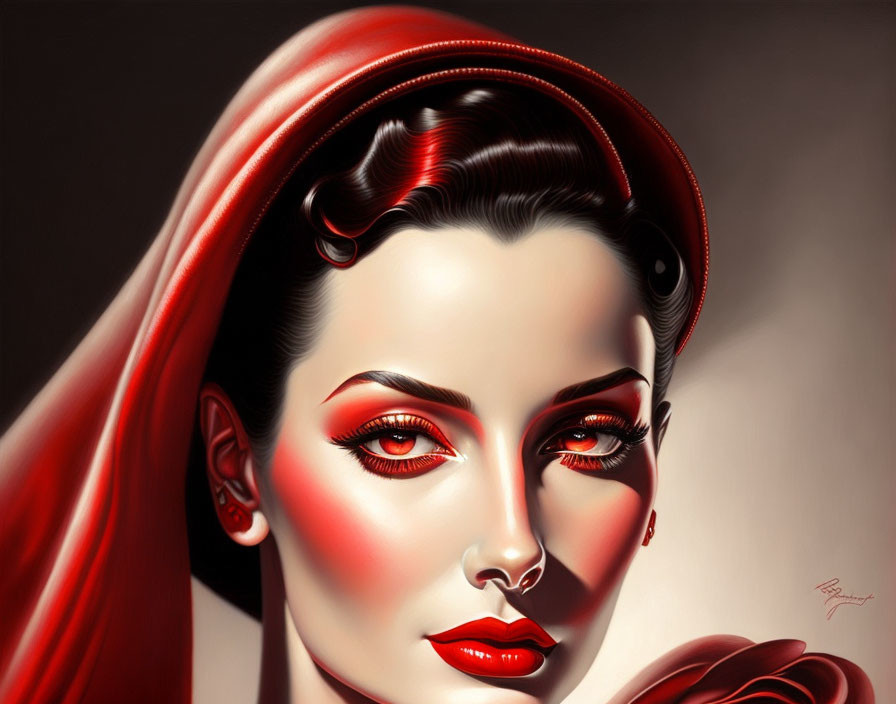 Digital artwork of woman with red makeup and Hollywood glamour look