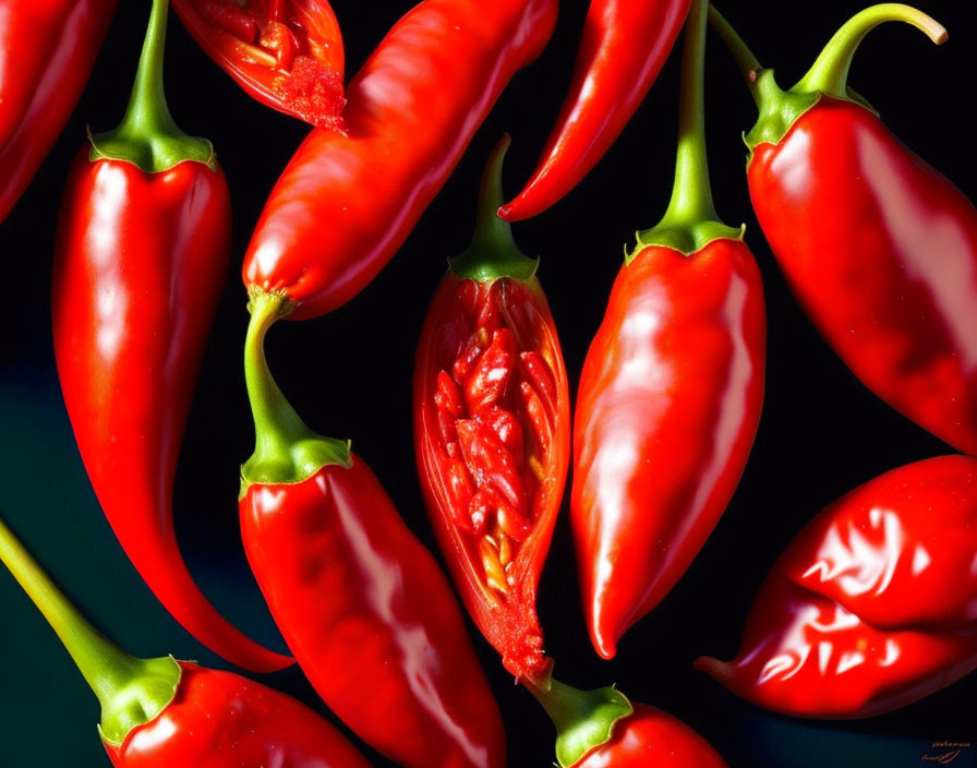 Vibrant red chili peppers on dark background, some sliced open showing seeds