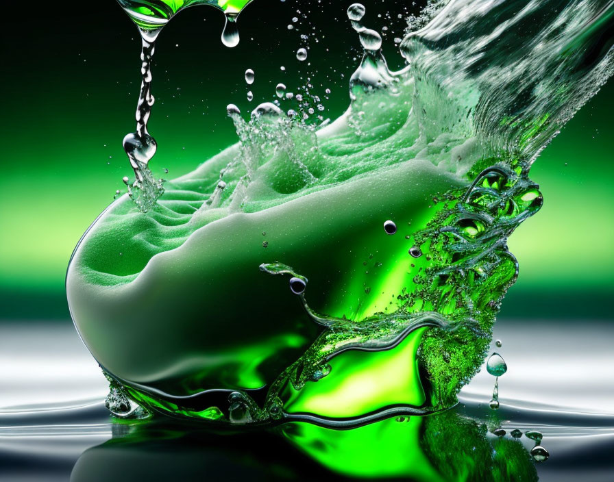 Clear water splash around green bottle on reflective surface with green background