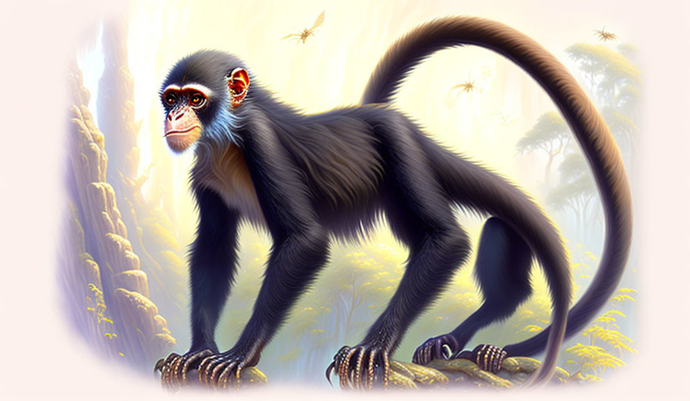 Digital illustration of black monkey in mystical forest with light and insects