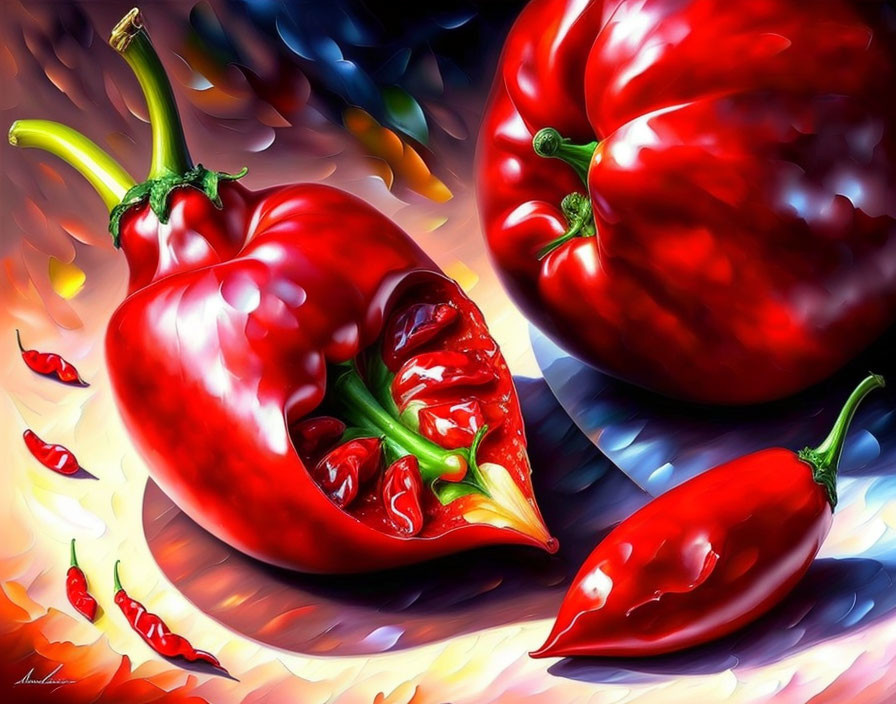 Colorful Illustration of Red Bell Peppers and Chili Peppers