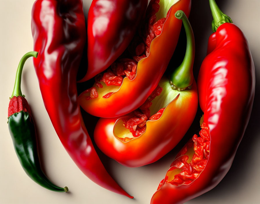 Colorful Red Chili Peppers and Tomatoes with Green Chili Pepper on Beige Surface