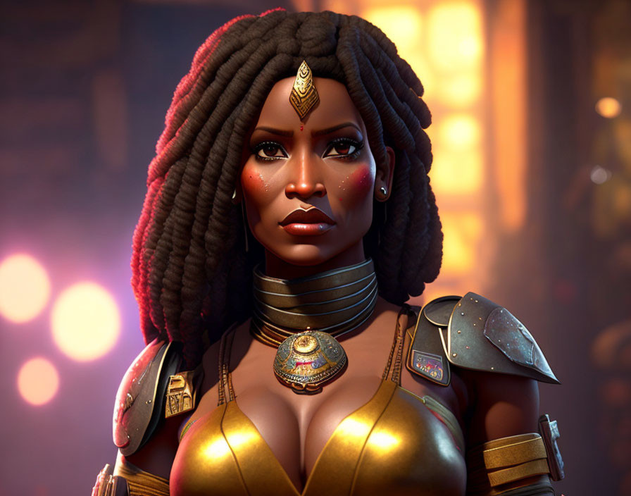 Digital artwork of woman with African features in ornate armor against warm background