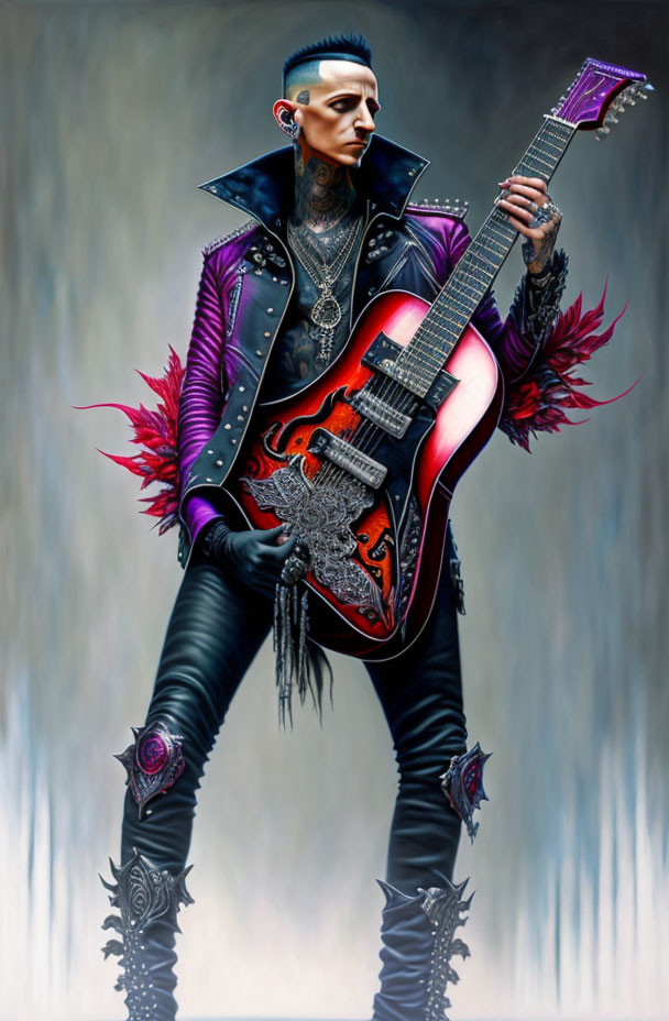 Stylized illustration of a person with tattoos and piercings in gothic attire with electric guitar