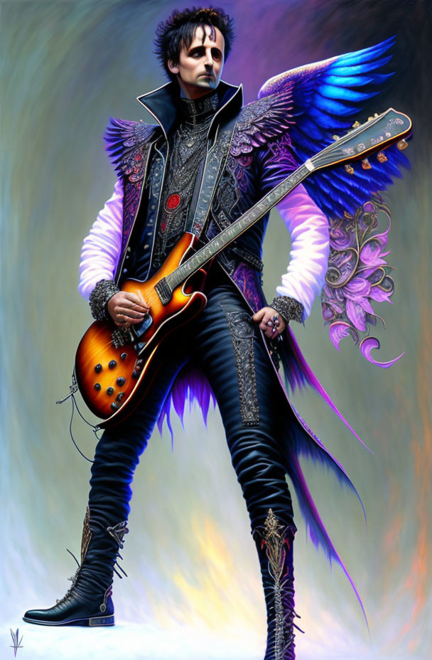 Dark-haired male in gothic attire with electric guitar and stylized wings.