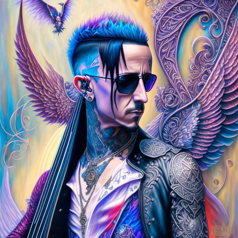 Stylized illustration of man with blue hair, tattoos, piercings, sunglasses, and wing