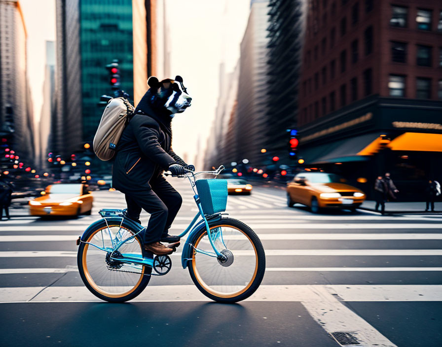 Bear-headed person cycling through city crosswalk with blurred traffic and tall buildings.