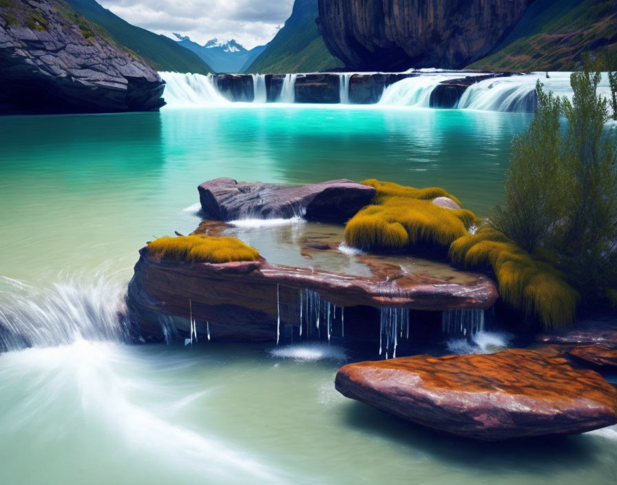 Tranquil waterfall between lush cliffs, moss-covered boulders, cloudy sky