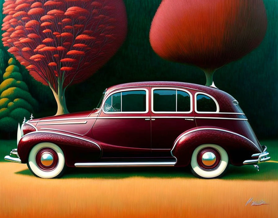 Stylized illustration of burgundy car with white-wall tires and vibrant surreal trees