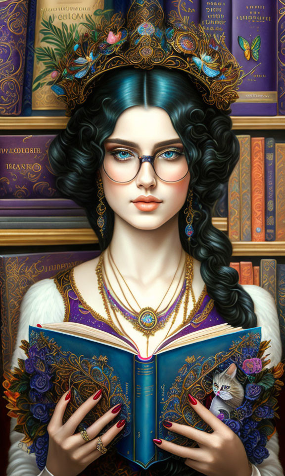 Detailed illustration of woman with blue hair, ornate crown, and book, surrounded by colorful butterflies.