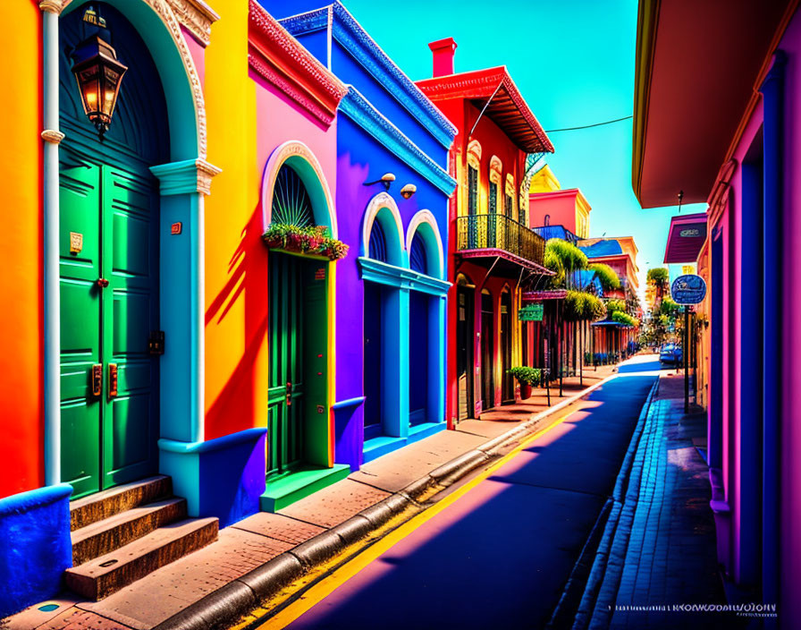 Colorful Street Scene with Vibrant Buildings in Blue, Green, Pink, and Purple