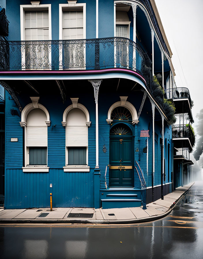 Blue two-story corner building with white balconies and shutters on foggy street