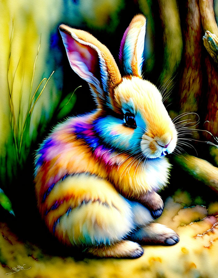 Vibrant rabbit illustration with blue, yellow, and orange hues in green setting