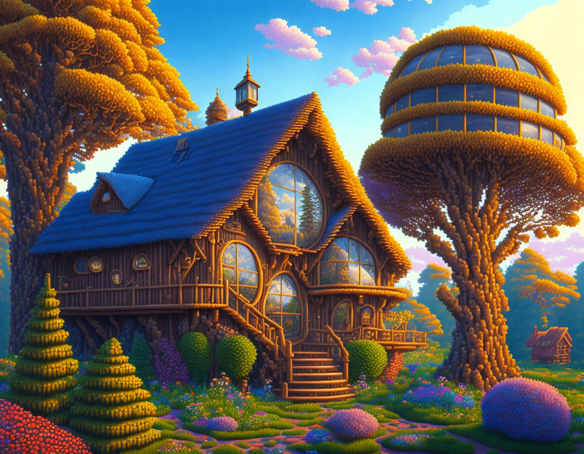 Illustration of Cozy Cottage in Fantastical Floral Setting