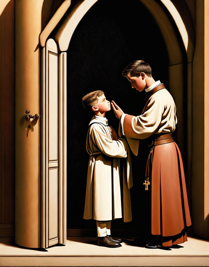 Illustration of altar boys in traditional robes at church doorway