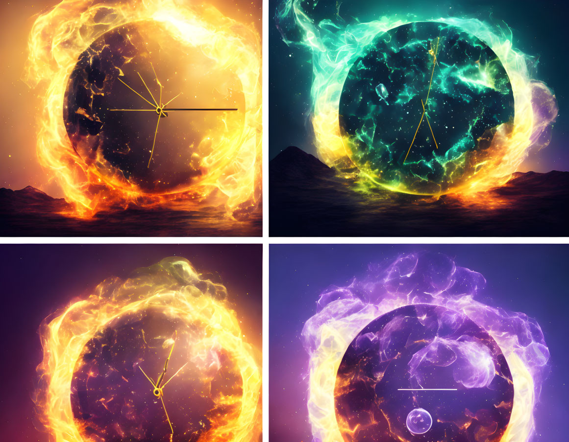 Artistic Collage: Fiery & Electric Clocks on Cosmic Backgrounds