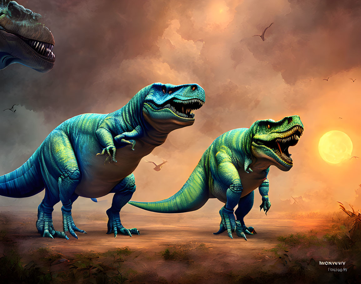 Vibrant blue Tyrannosaurus rex dinosaurs in dramatic prehistoric scene