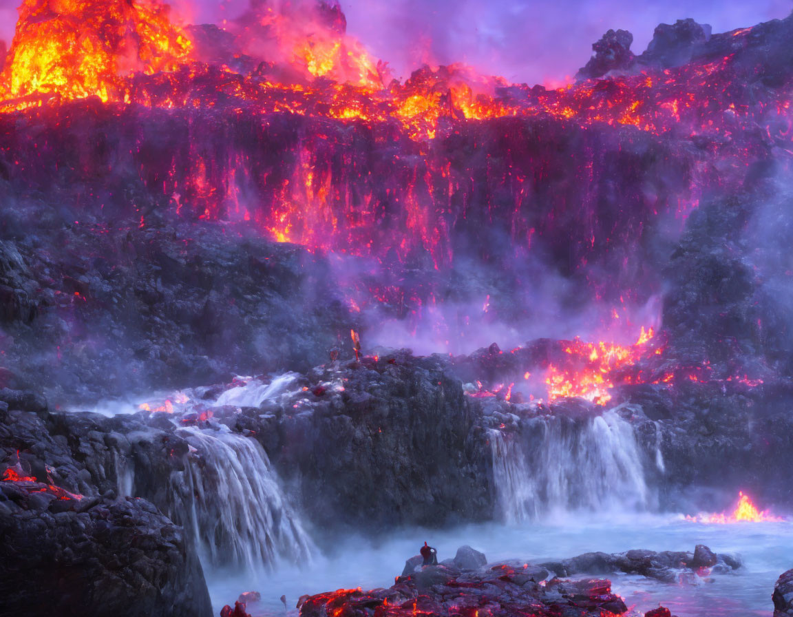 Lava meets water on rocky terrain, contrasting fiery red with cool blues