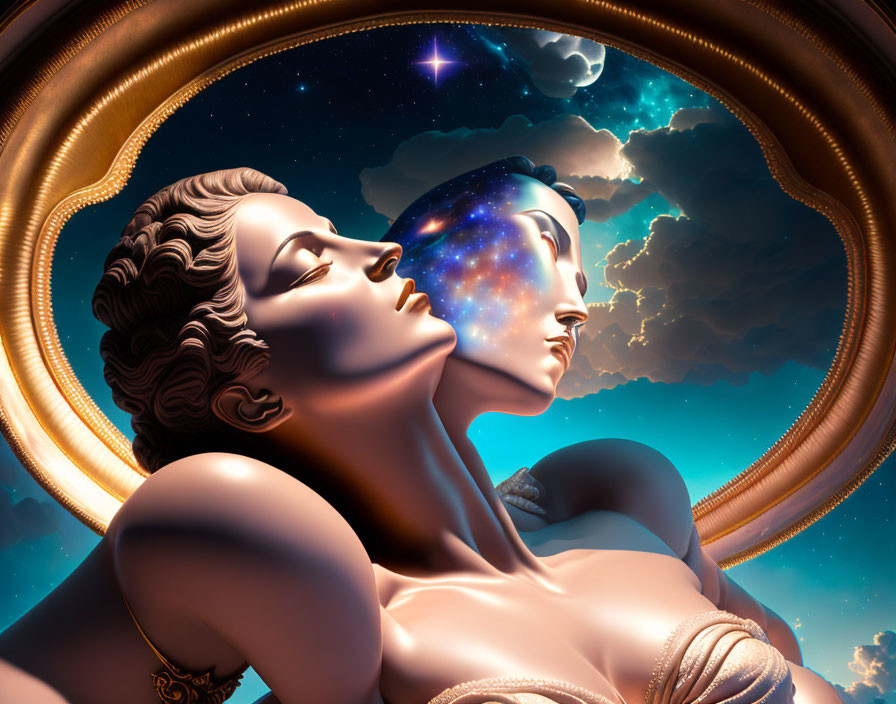 Classical statues with cosmic elements in golden oval frame on celestial background