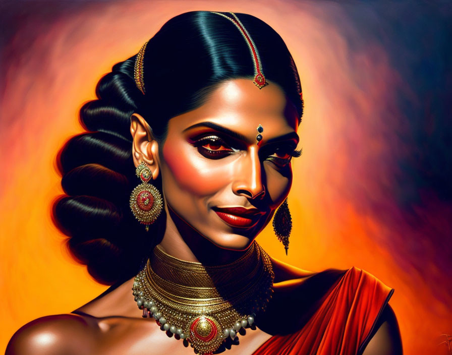 Illustrated woman with styled hair and traditional Indian jewelry on fiery background