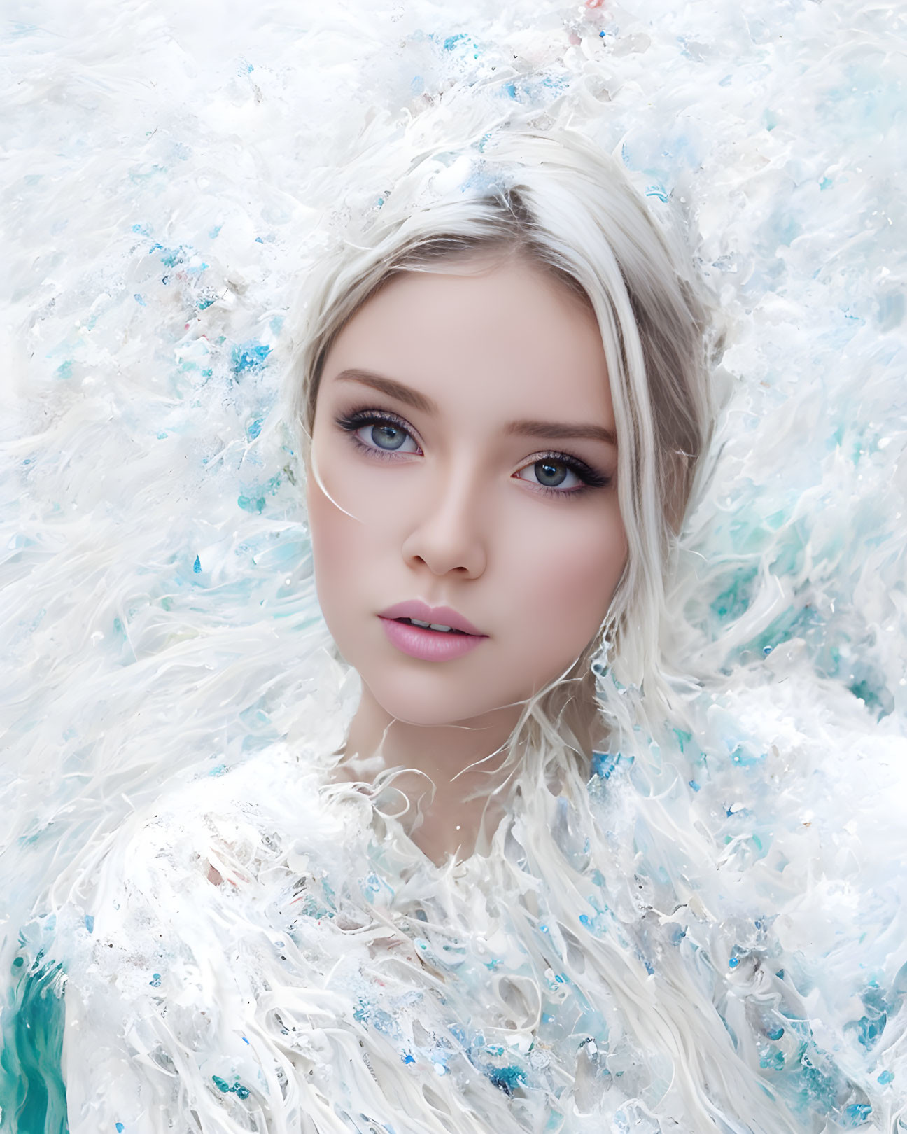 Portrait of woman with pale skin, blue eyes, and platinum blonde hair against white textured backdrop