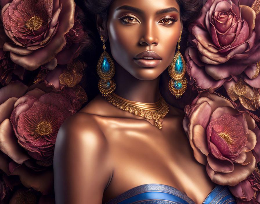 Woman with Gold Jewelry Surrounded by Colorful Roses