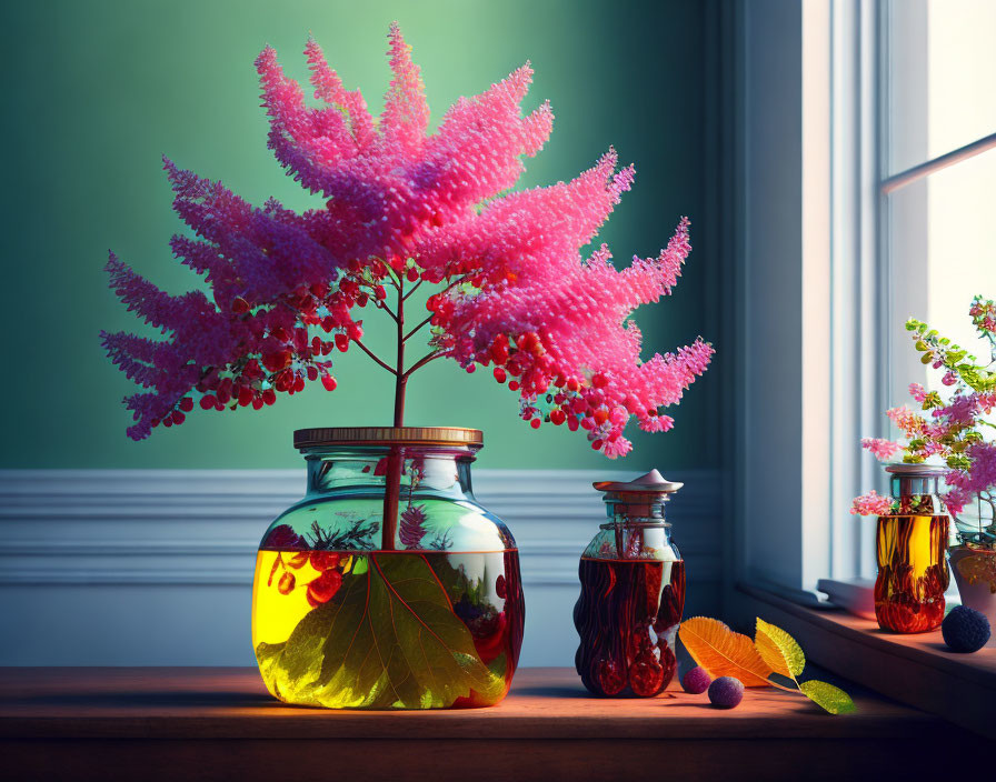 Bright Pink Flowers in Glass Jar on Windowsill with Plants and Soft Light