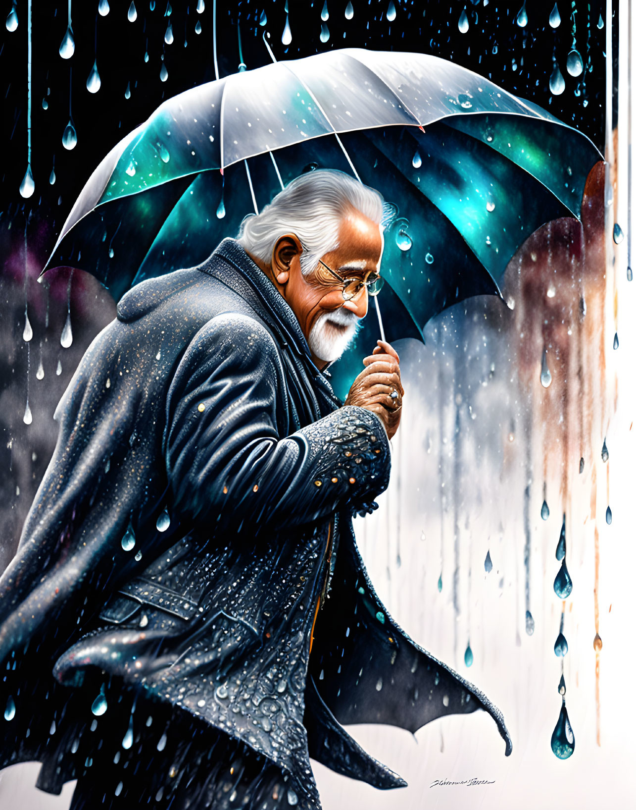 Elderly man with silver hair holding blue umbrella in rain scene