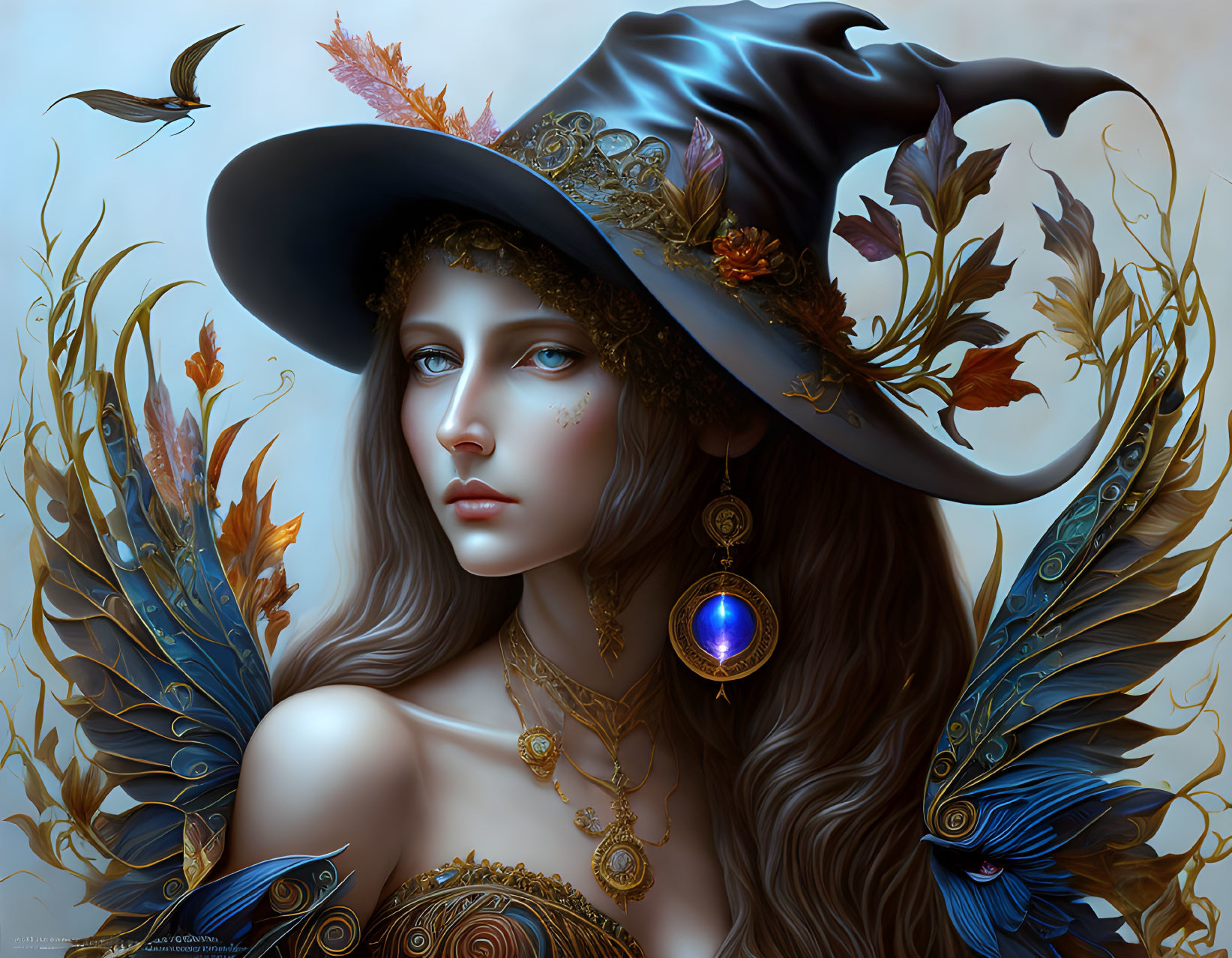 Fantasy portrait of a woman with feathered wings and autumn-themed attire