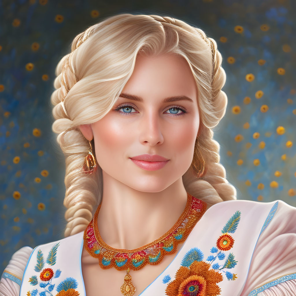 Blonde Woman in Traditional Attire with Gold Jewelry on Starry Background