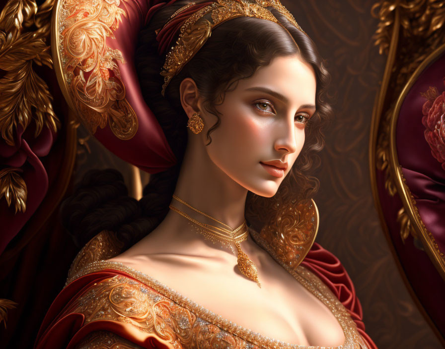 Portrait of Woman with Braided Hairstyle in Gold and Red Dress