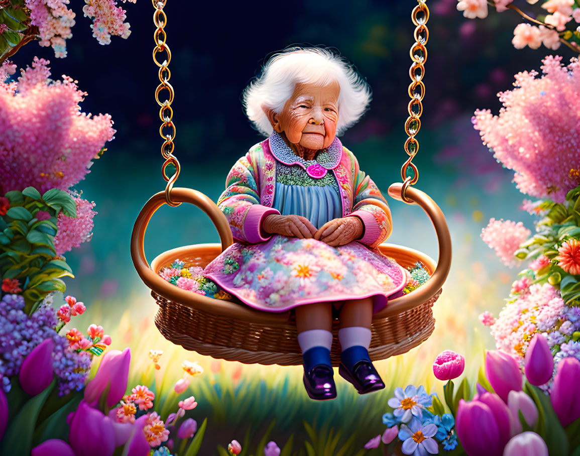 Elderly woman sitting in oversized swing surrounded by colorful flowers