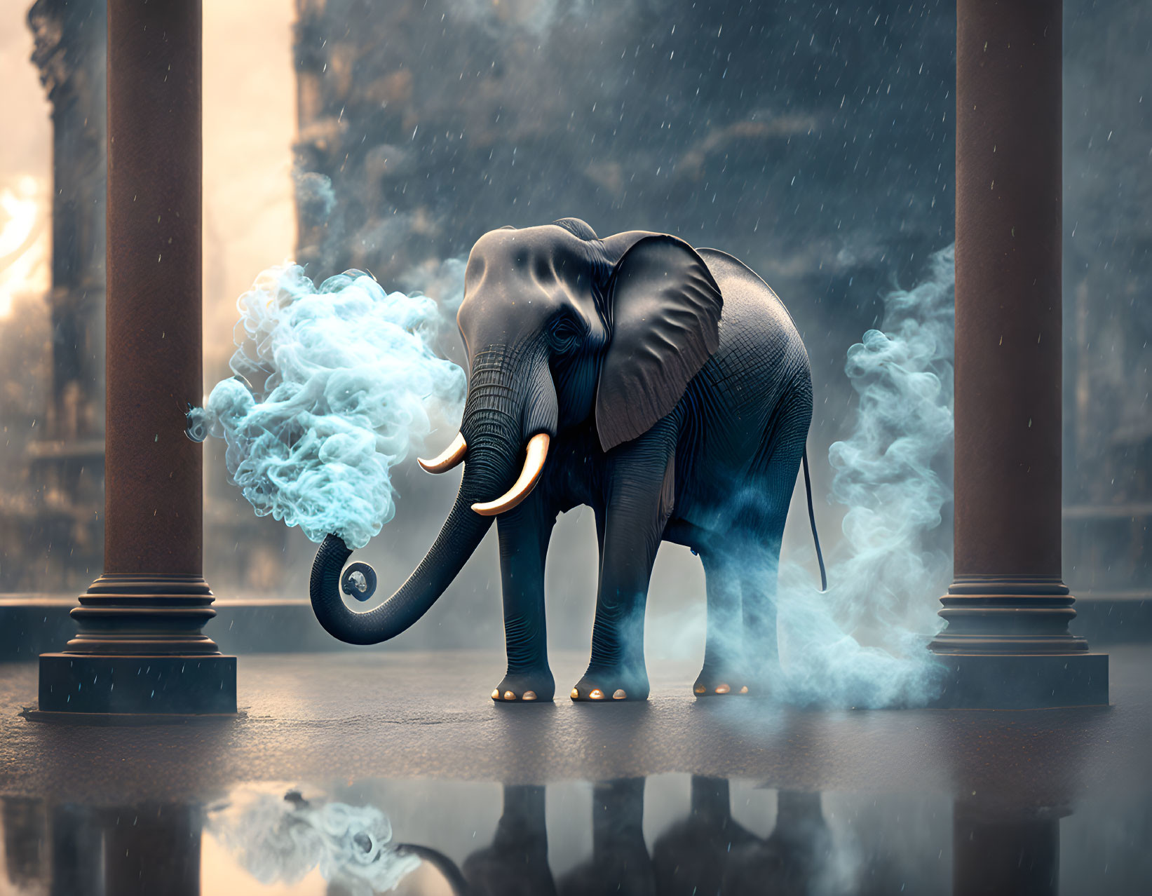 Elephant standing between columns with smoke and reflective water surface