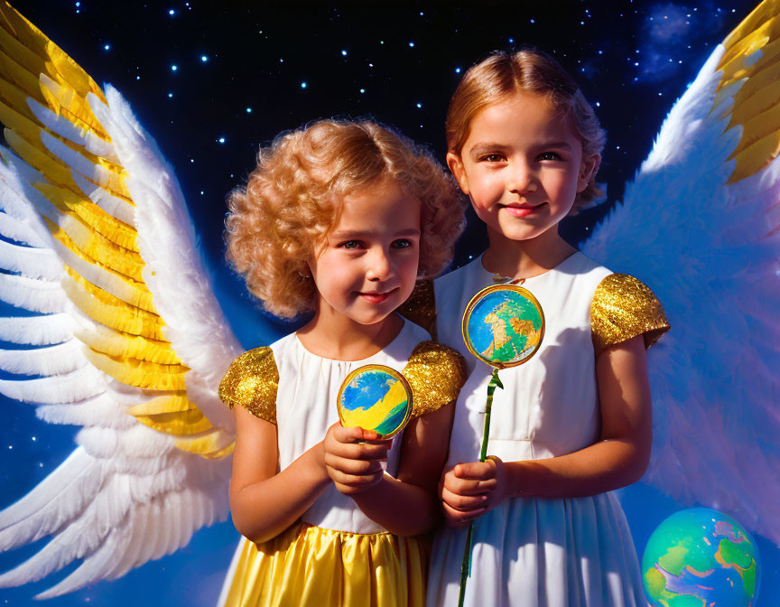 Two young girls with angel wings holding globes on starry background